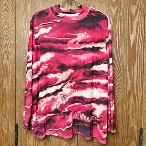 Anne Klein 3X Pink Black White‎ Swirl Marble Print Long Sleeve Mesh Top Casual